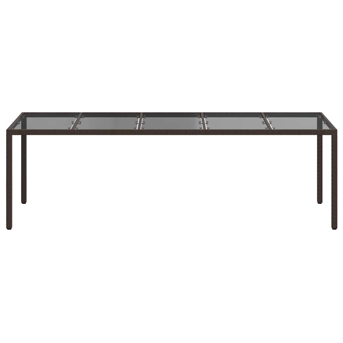 Una mesa rectangular con estructura metálica marrón oscuro y tapa de cristal. La mesa está vacía y sobre un fondo blanco.