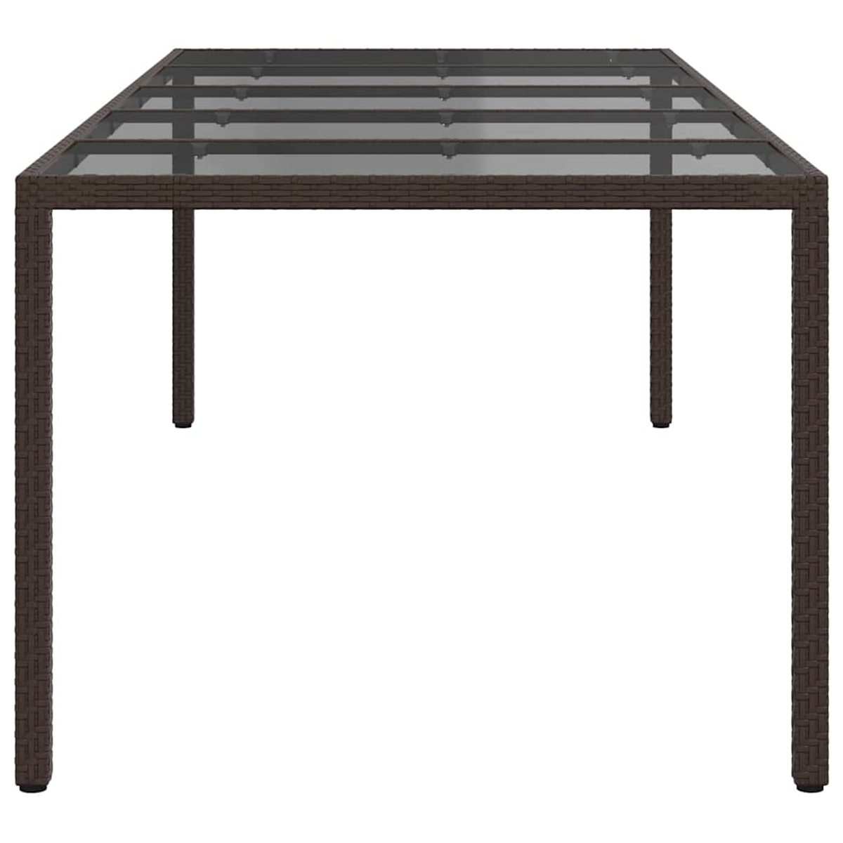 Una mesa rectangular de mimbre marrón con tapa de cristal. La mesa tiene cuatro patas y está sobre fondo blanco.