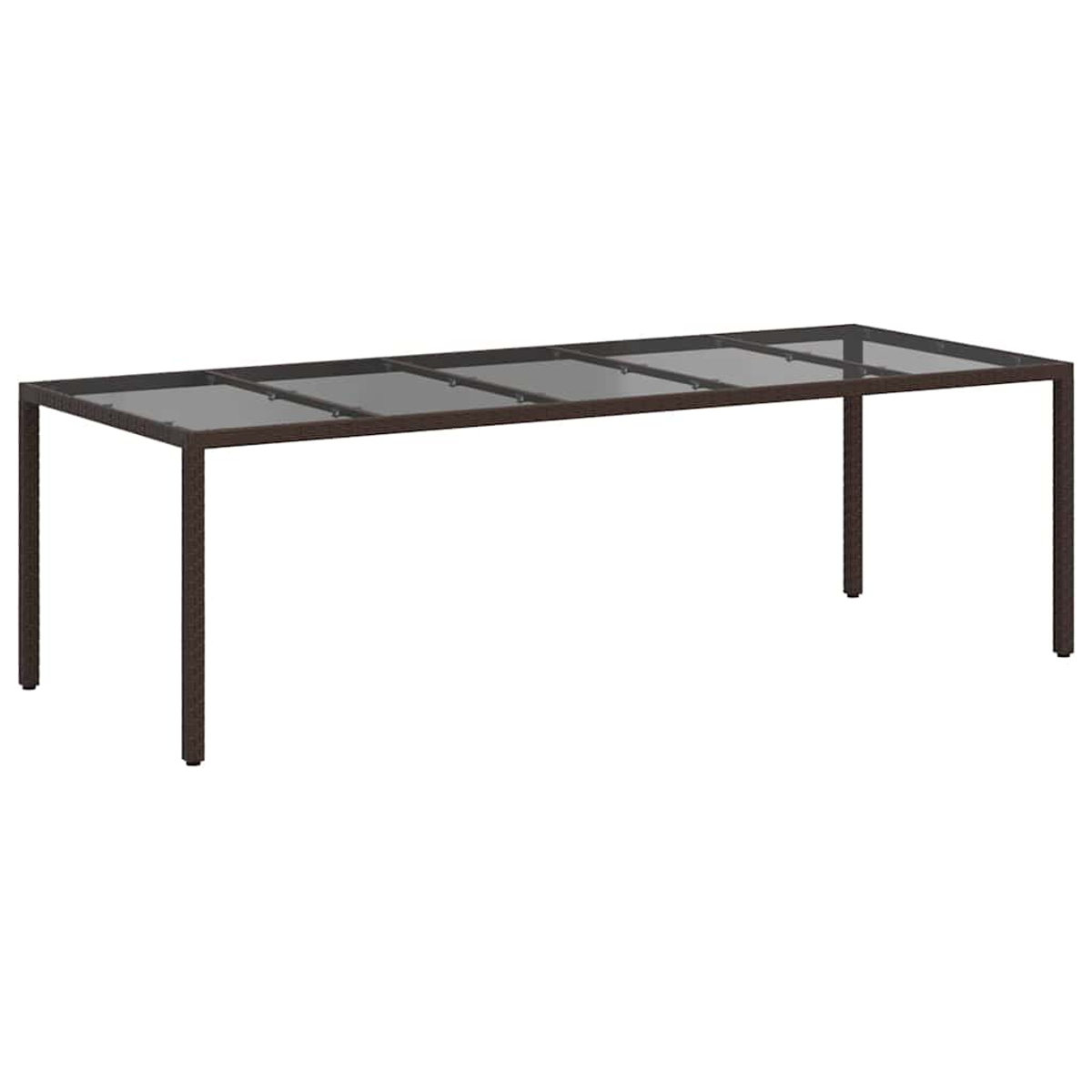 Una mesa rectangular de exterior con marco marrón oscuro y tapa de cristal. Tiene seis paneles de cristal. El fondo es blanco.