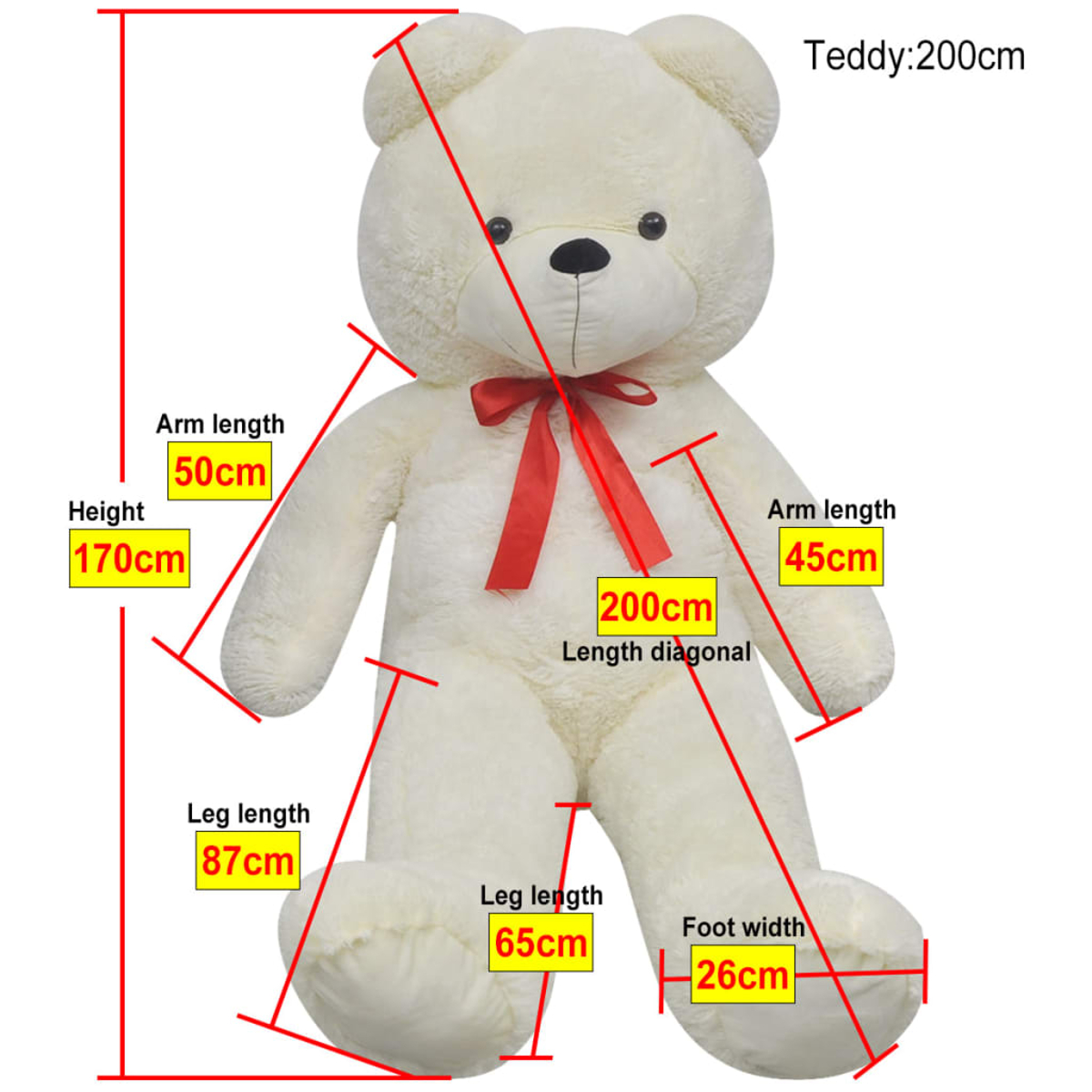 Ein großer, cremefarbener Teddybär mit einer roten Schleife. Maße sind beschriftet: Höhe 170 cm, Armlängen 50 cm und 45 cm.