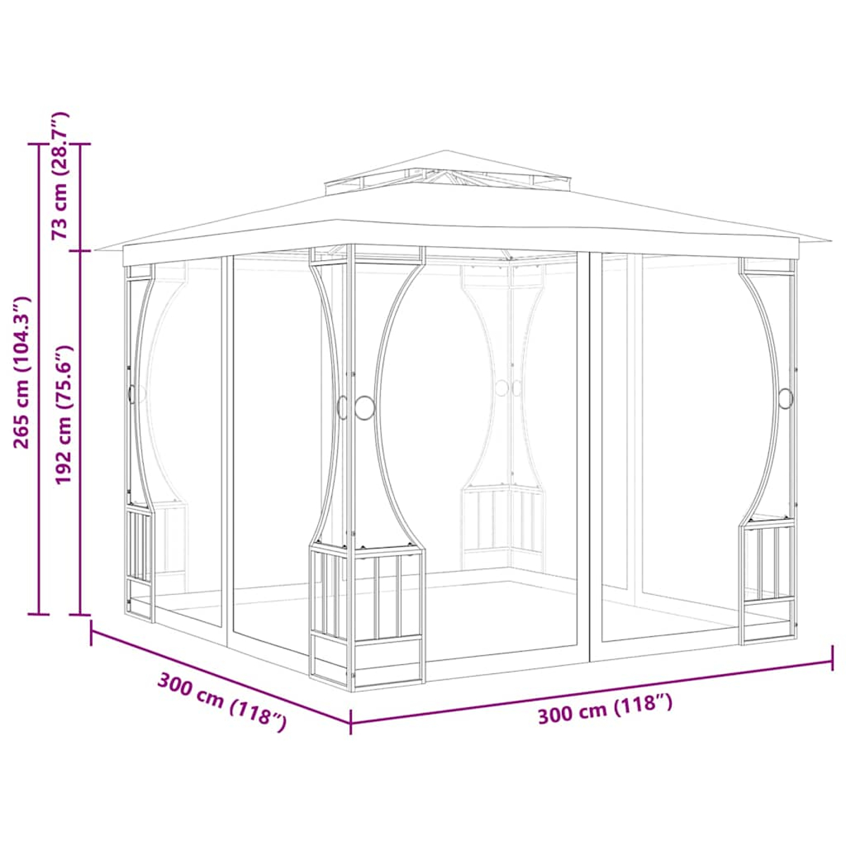 Eine Umrisszeichnung eines Pavillons mit Maßangaben: 265 cm hoch, 300 cm breit und 73 cm hoch am Dach, 192 cm hoch.