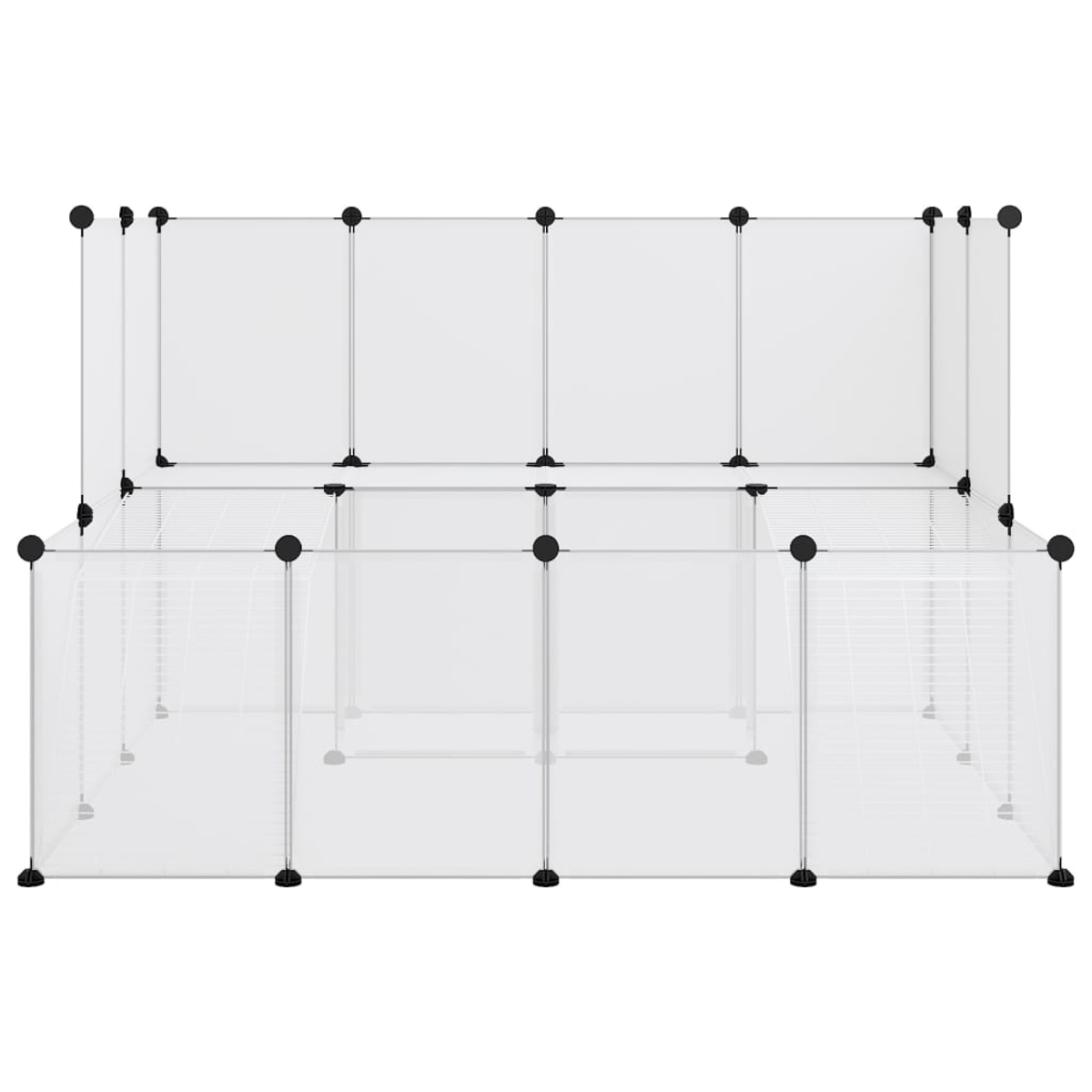 Eine weiße und transparente Haustiergehege. Es hat ein mehrstufiges Design mit einem Drahtgeflechtboden und Kunststoffplatten.