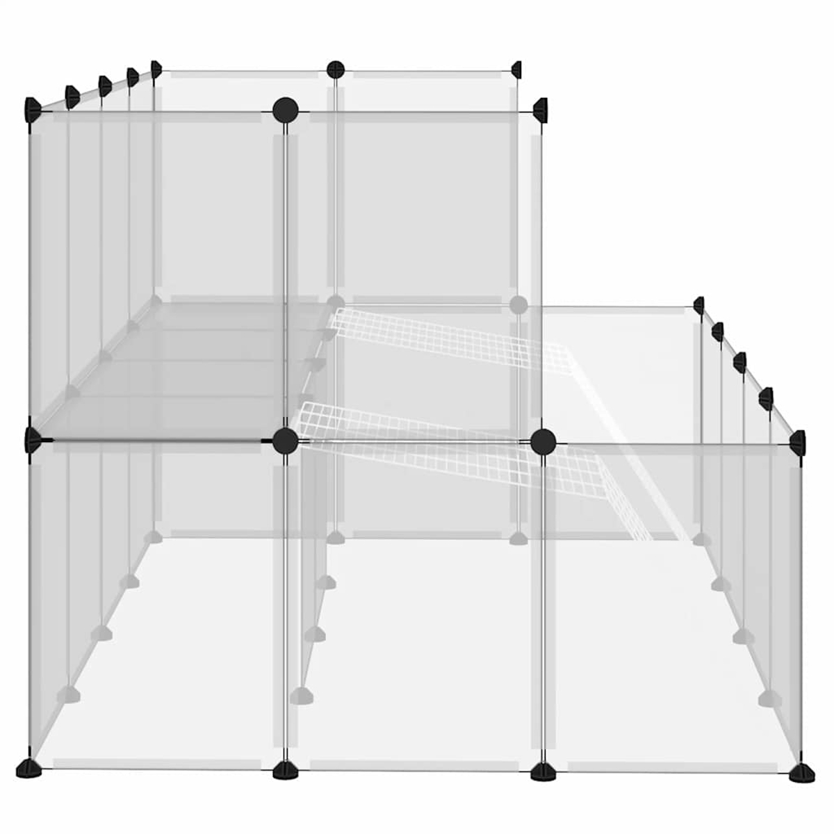 Ein modulares Haustiergehege mit transparenten Paneelen und schwarzen Verbindern. Es ist eine mehrstöckige Struktur mit Drahtgitterrampen.