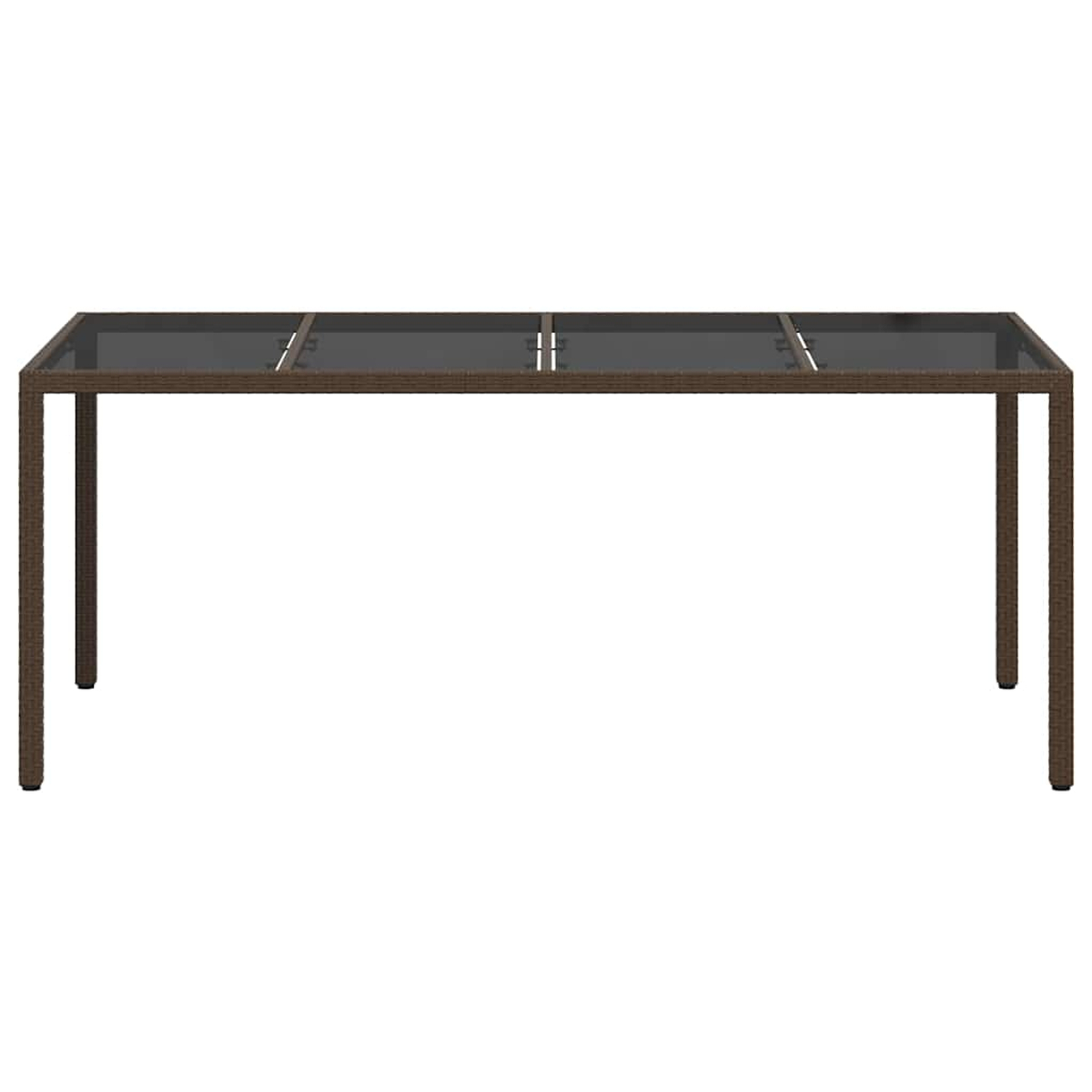 Ein rechteckiger brauner Tisch mit dunkler Glasplatte. Der Tisch hat vier Beine und steht vor weißem Hintergrund.