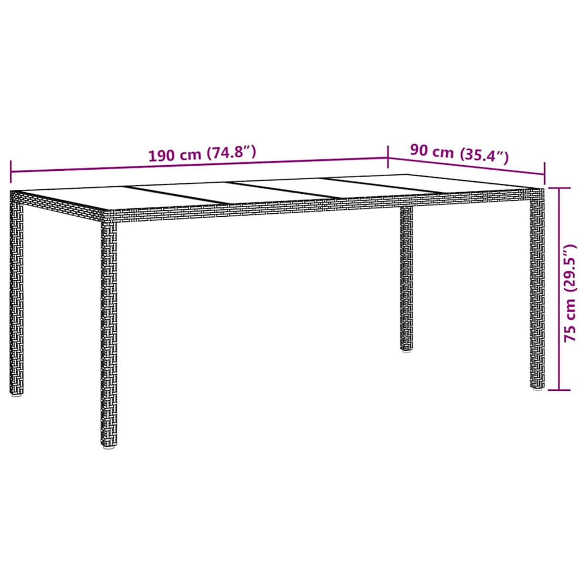 Ein rechteckiger Tisch mit Maßangaben. Der Tisch ist korbartig, mit den Maßen: 190x90x75 cm.
