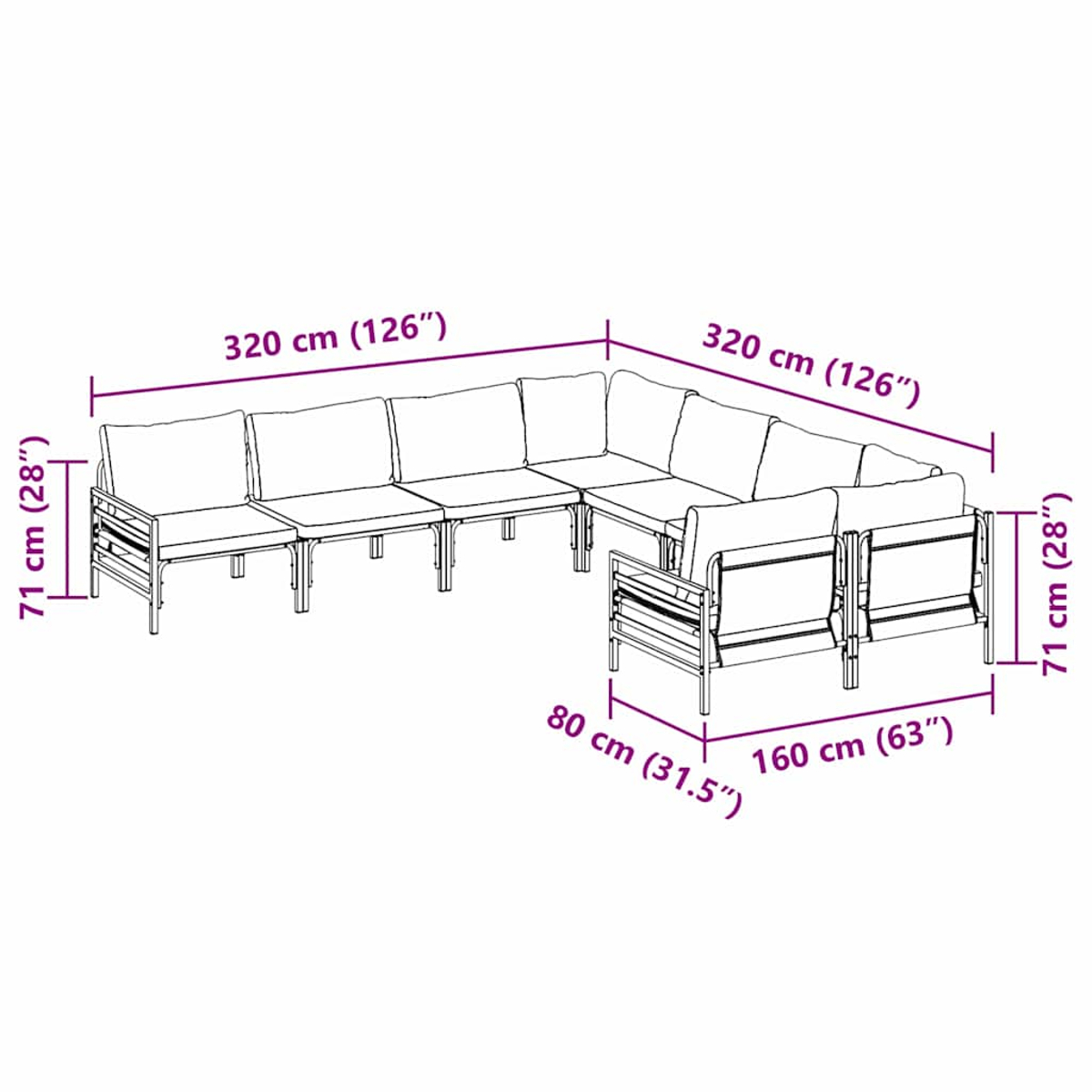 Schema di un divano componibile da esterno. Dimensioni: 320 cm x 320 cm, 71 cm di altezza e 160 cm di larghezza. Misure anche in pollici.