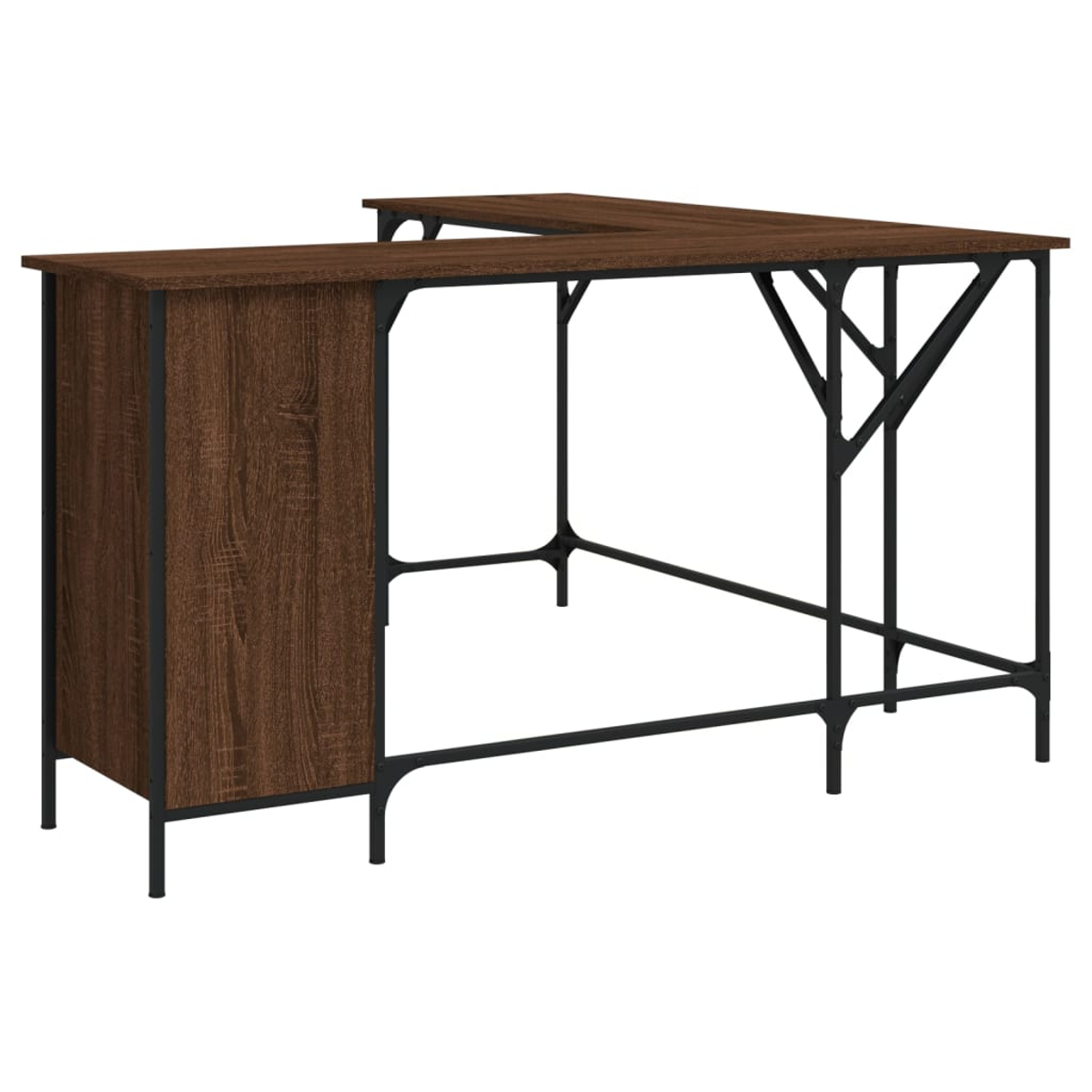 Ein L-förmiger Holzschreibtisch mit dunkelbraunem Finish. Er hat schwarze Metallbeine und Stützbalken. Der Hintergrund ist weiß.