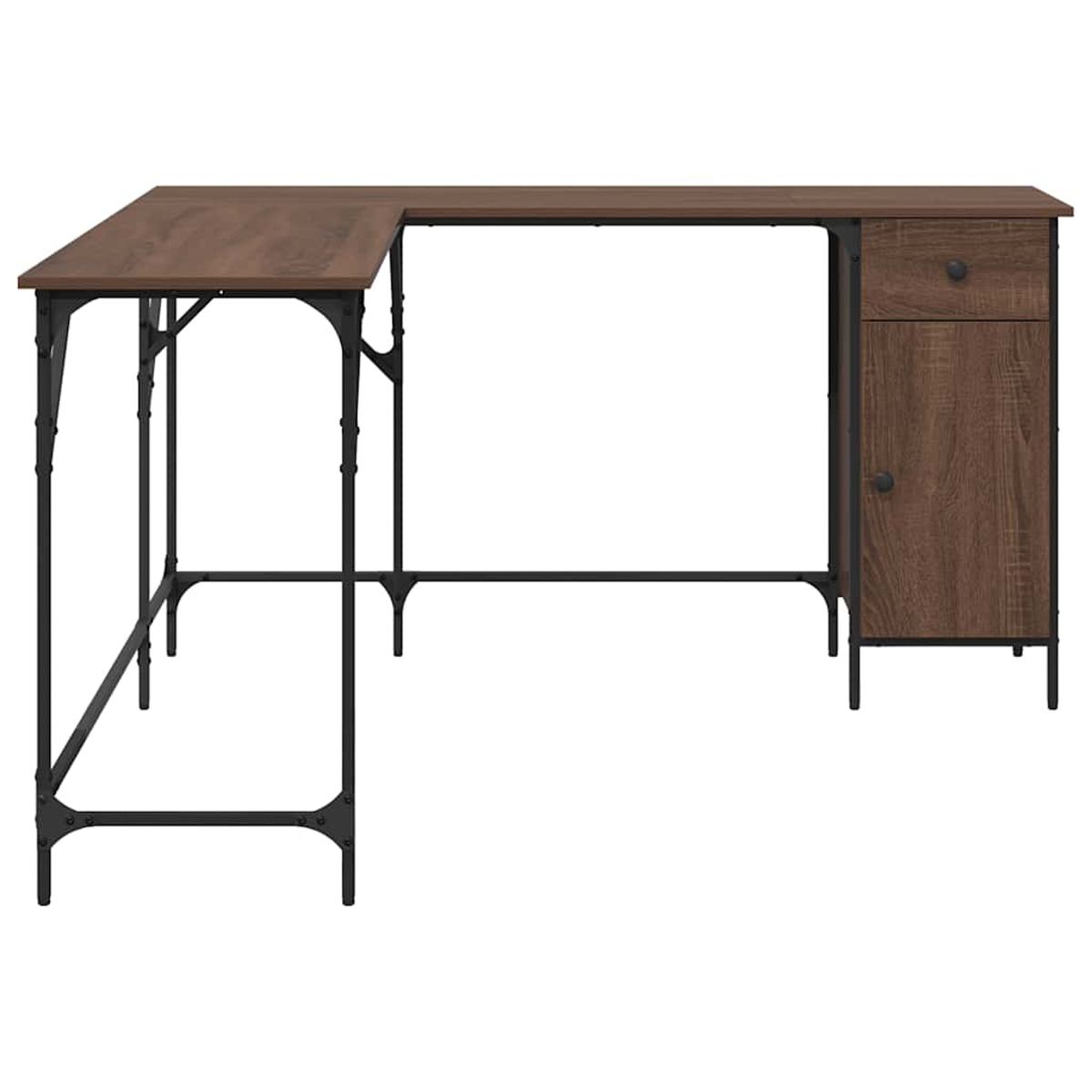 Ein L-förmiger Holzschreibtisch mit schwarzen Metallbeinen. Er hat eine Schublade und einen Schrank auf der rechten Seite.
