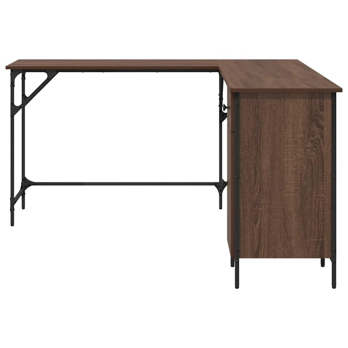 Ein L-förmiger Holzschreibtisch mit schwarzem Metallrahmen. Der Schreibtisch hat eine braune Platte und einen passenden Schrank rechts.