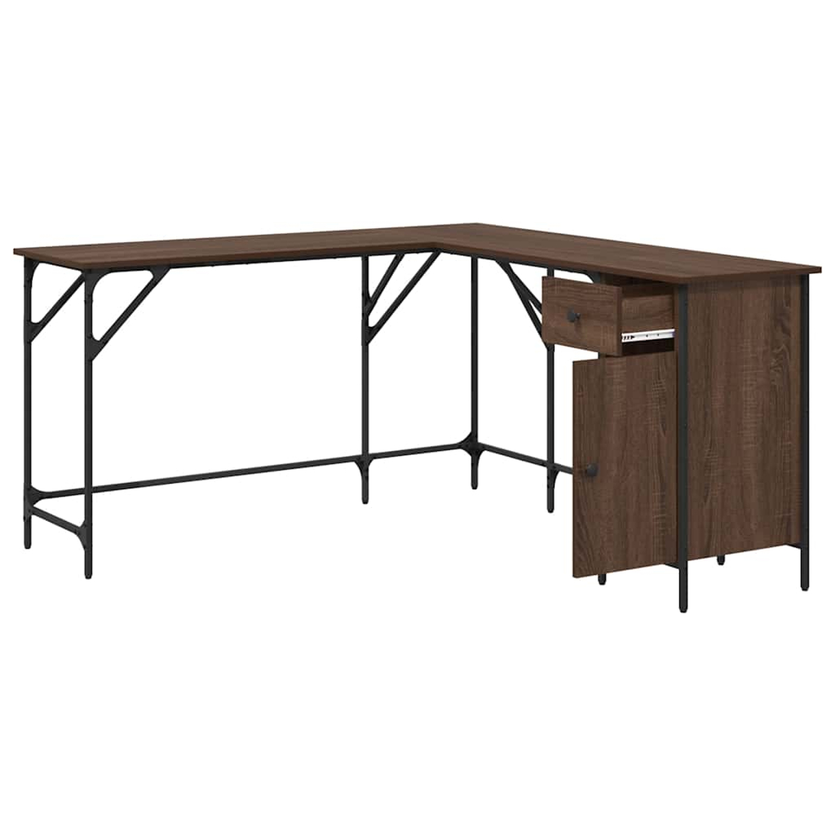 Ein L-förmiger Holzschreibtisch mit schwarzen Metallstützen. Eine Schublade ist geöffnet, und eine Schranktür steht offen.