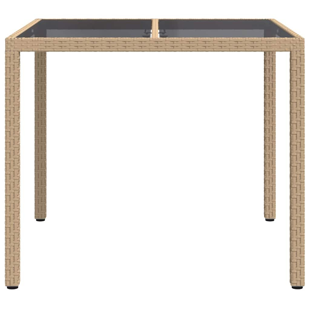 Ein quadratischer Tisch mit Glasplatte und gewebten beigefarbenen Beinen. Der Tisch hat vier Beine und steht vor weißem Hintergrund.