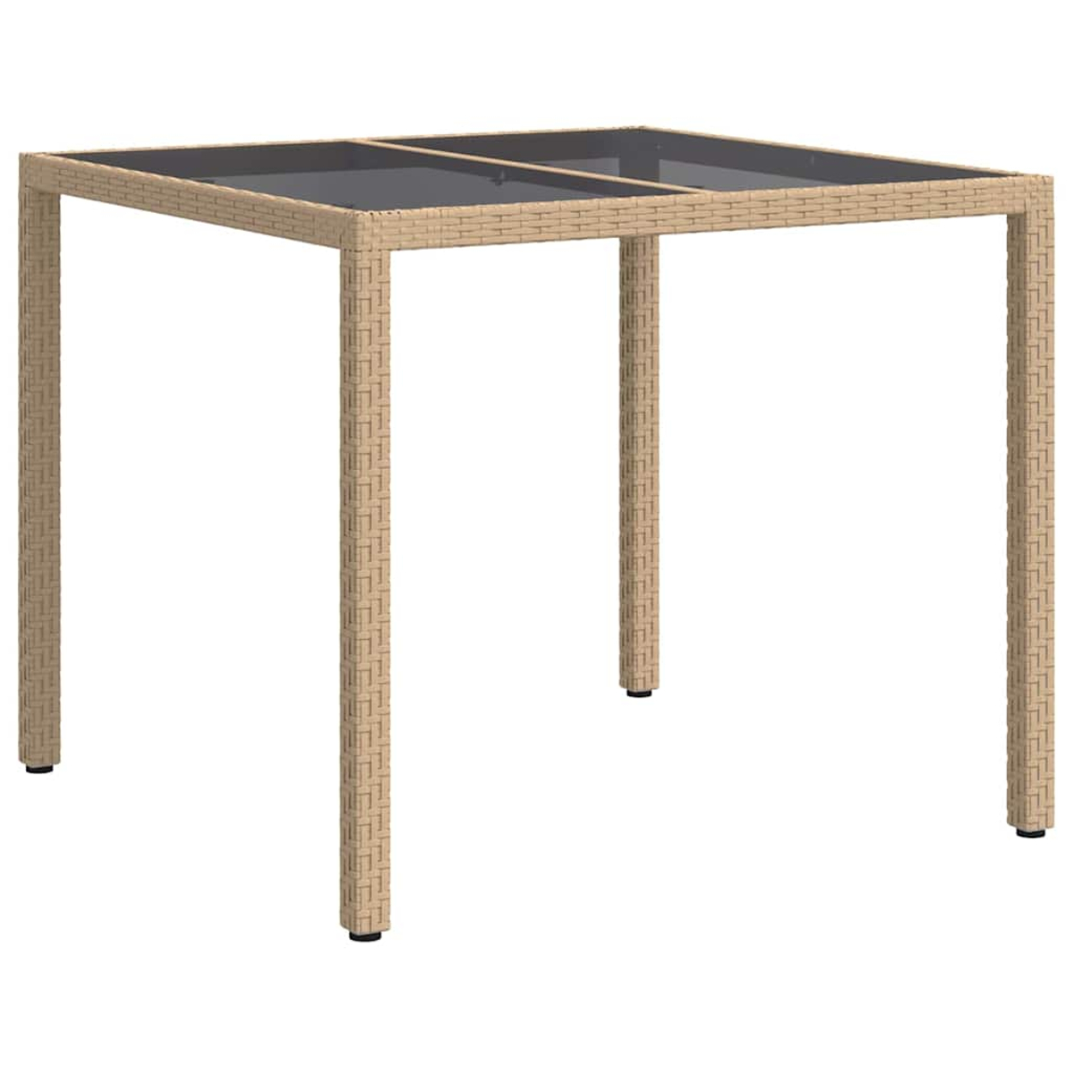 Quadratischer Tisch mit Glasplatte und gewebten beigefarbenen Beinen. Der Tisch hat vier Beine und eine dunkle Glasoberfläche.