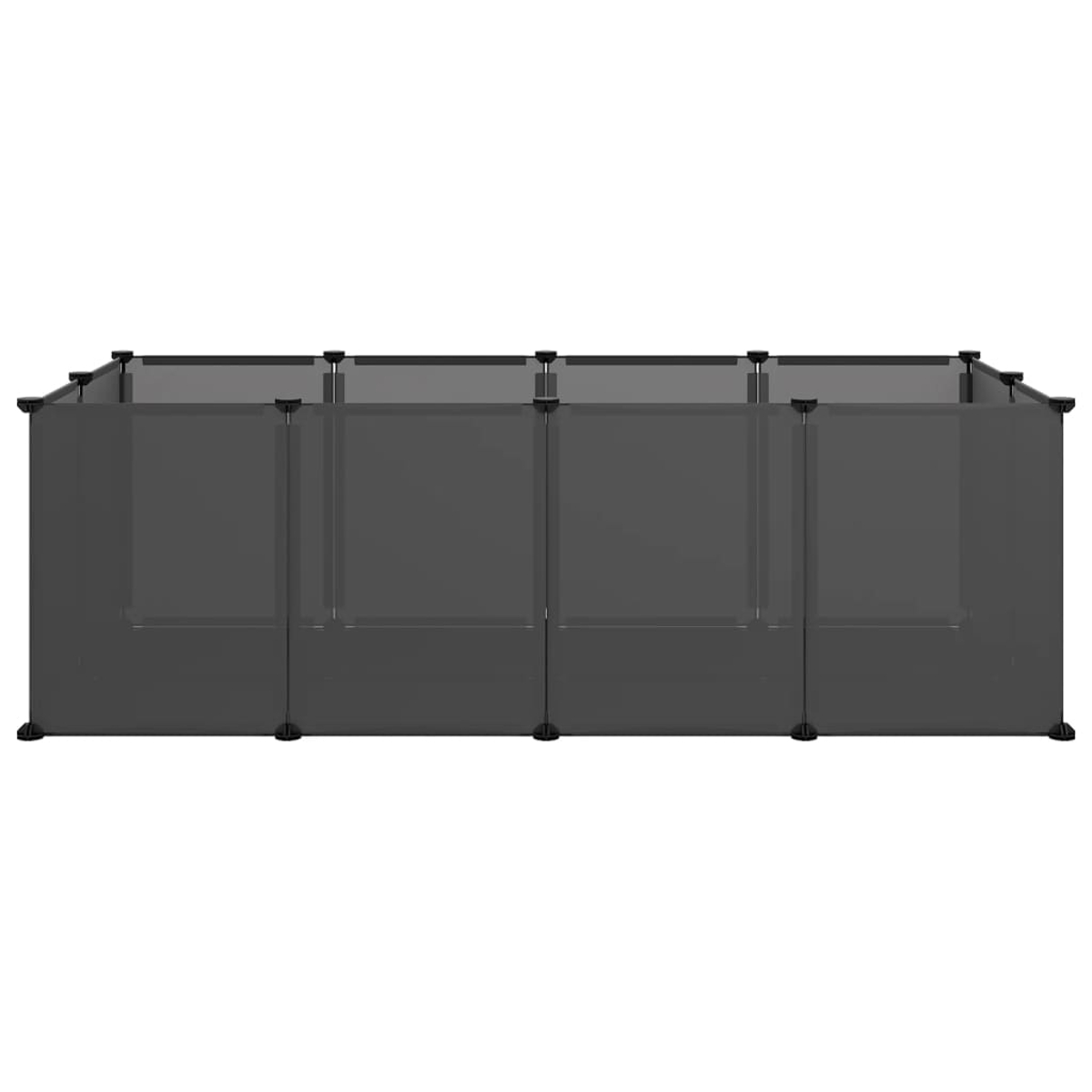 Ein grauer modularer Zaun auf weißem Hintergrund. Er hat mehrere verbundene Paneele mit schwarzen Verbindern oben und unten.