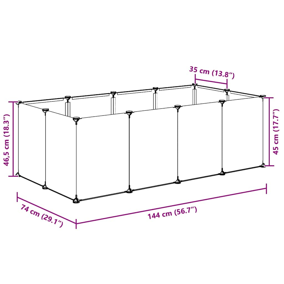 Ein rechteckiger, weiß gerahmter Pool. Abmessungen sind mit Pfeilen angegeben: 144 cm lang, 74 cm breit, 45 cm hoch und 35 cm tief.