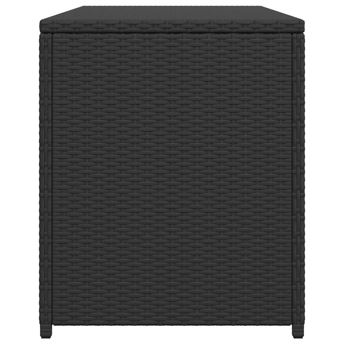 Eine dunkelgraue Aufbewahrungsbox mit einem gewebten Muster. Sie hat eine flache Oberseite und vier kleine Füße.