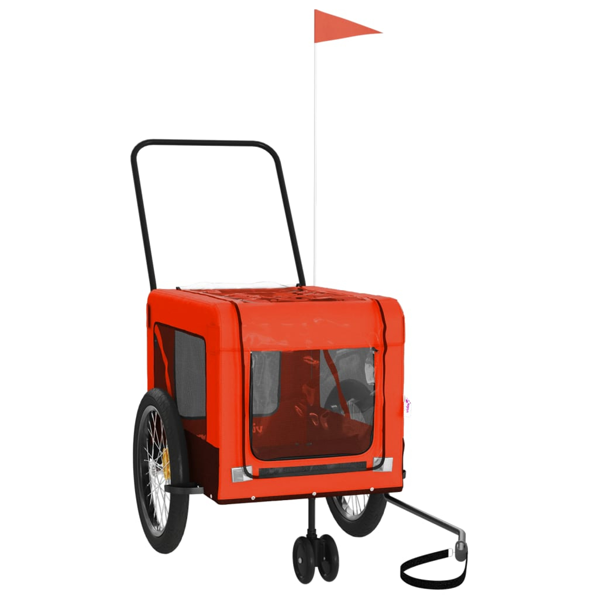 Ein orangefarbener Tieranhänger mit Rädern, einer Flagge und einem Griff. Er hat ein Netzfenster und einen schwarzen Griff. Der Hintergrund ist weiß.