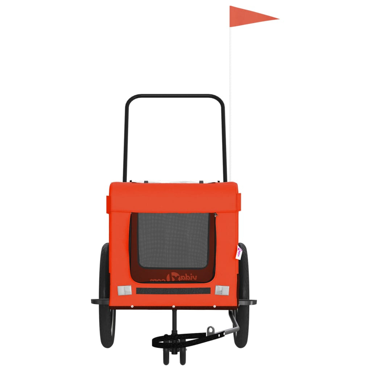 Ein orangefarbener Tieranhänger mit schwarzem Griff, Rädern und einer Fahne. Er hat ein Mesh-Fenster und das Logo von 'mobiv'.