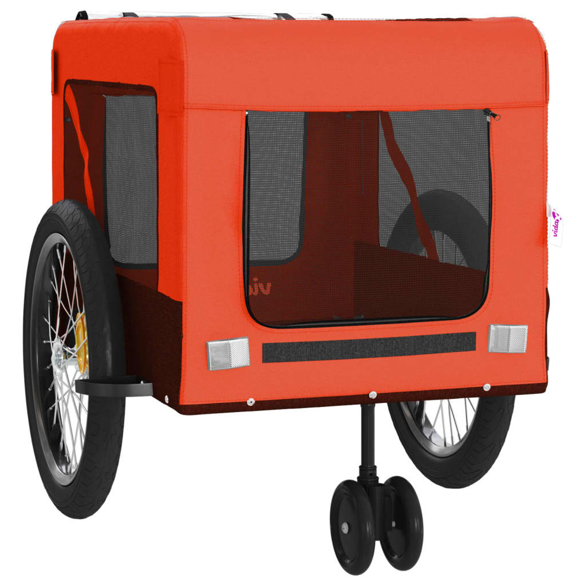 Ein orangefarbener Tieranhänger mit Mesh-Fenstern und schwarzen Rädern. Er hat eine rechteckige Form mit reflektierenden Elementen.