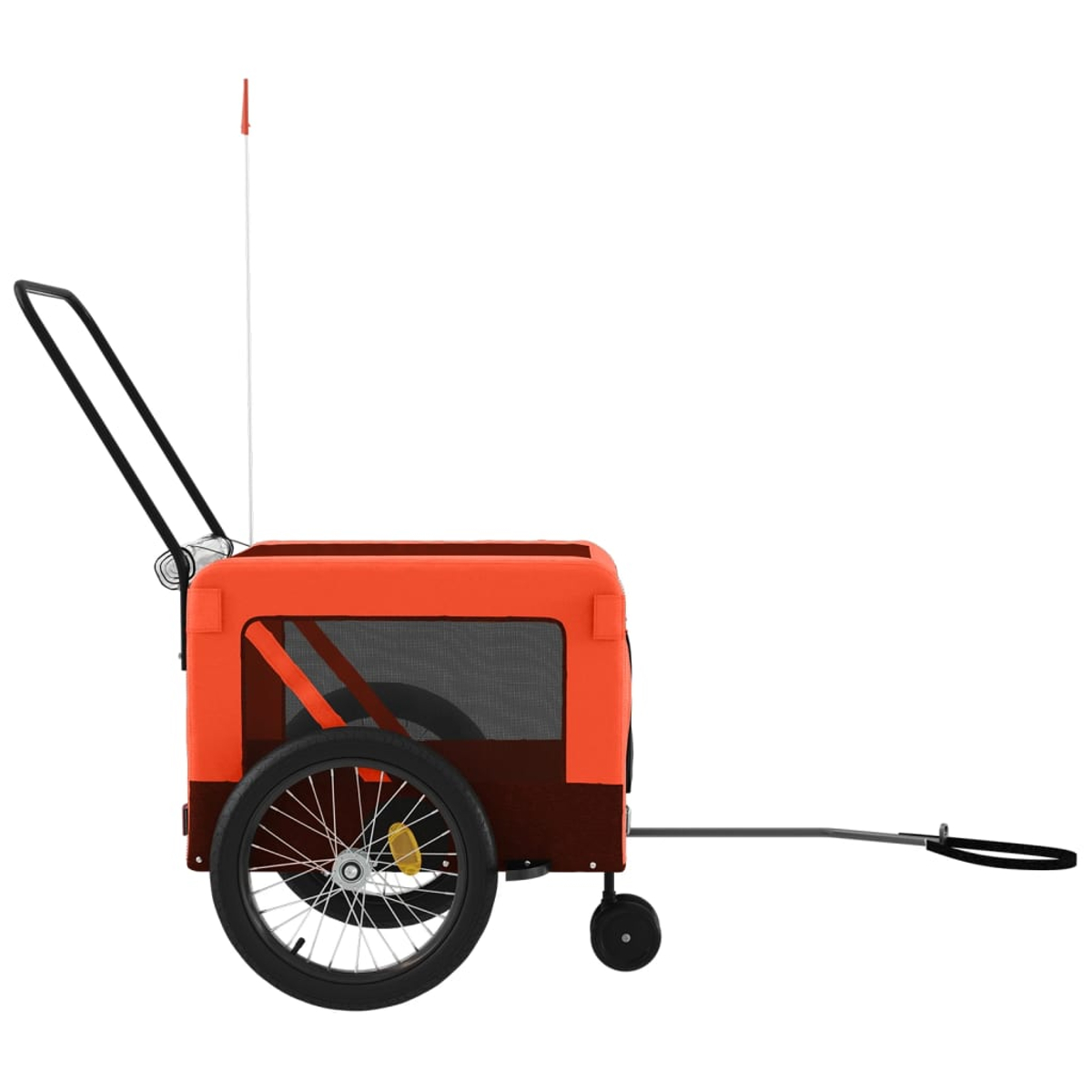 Ein orangefarbener und brauner Tieranhänger. Er hat zwei Räder, einen Griff und ein Netzfenster. Eine Flagge ist befestigt.