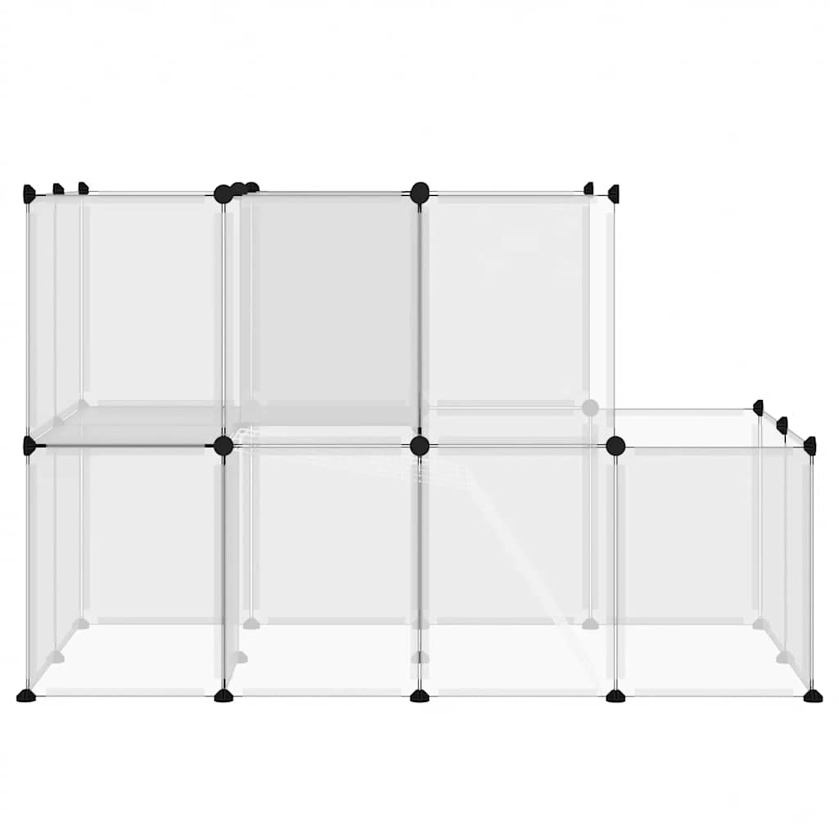 Ein weißes, modulares Aufbewahrungselement. Es besteht aus transparenten Paneelen, die mit schwarzen Verbindungen verbunden sind.