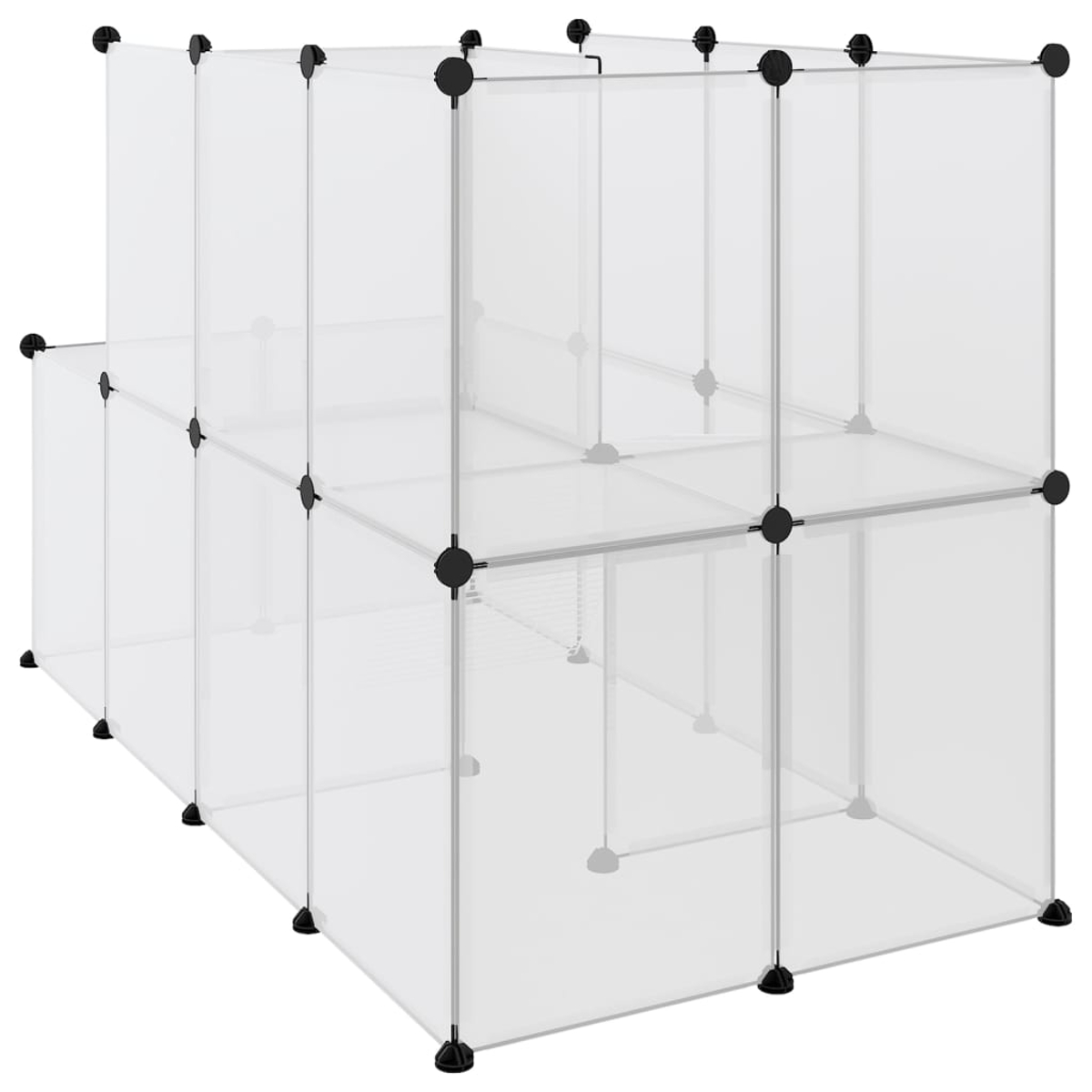 Ein weißes, modulares Aufbewahrungselement mit schwarzen Verbindern. Es besteht aus transparenten Paneelen, die Fächer bilden.