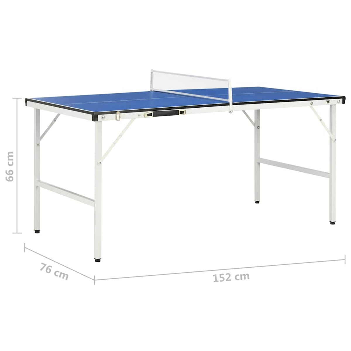 Ein blauer Tischtennistisch mit weißem Netz. Er hat weiße Beine. Abmessungen: 152 cm lang, 76 cm breit und 66 cm hoch.