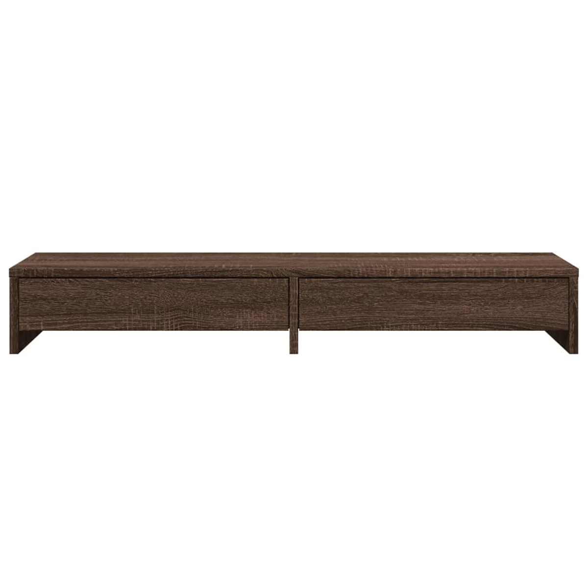 Ein langes, niedriges, braunes Holzmöbel mit zwei Schubladen. Das Möbel hat ein schlichtes, modernes Design. Weißer Hintergrund.