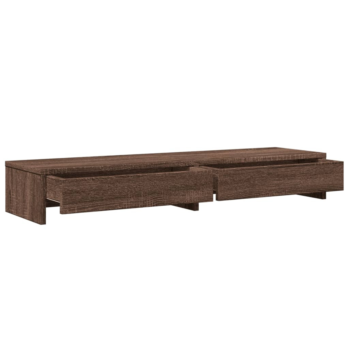 Ein brauner, an der Wand befestigter TV-Schrank aus Holz mit zwei offenen Schubladen. Der Schrank ist rechteckig und hat eine Holzmaserung.