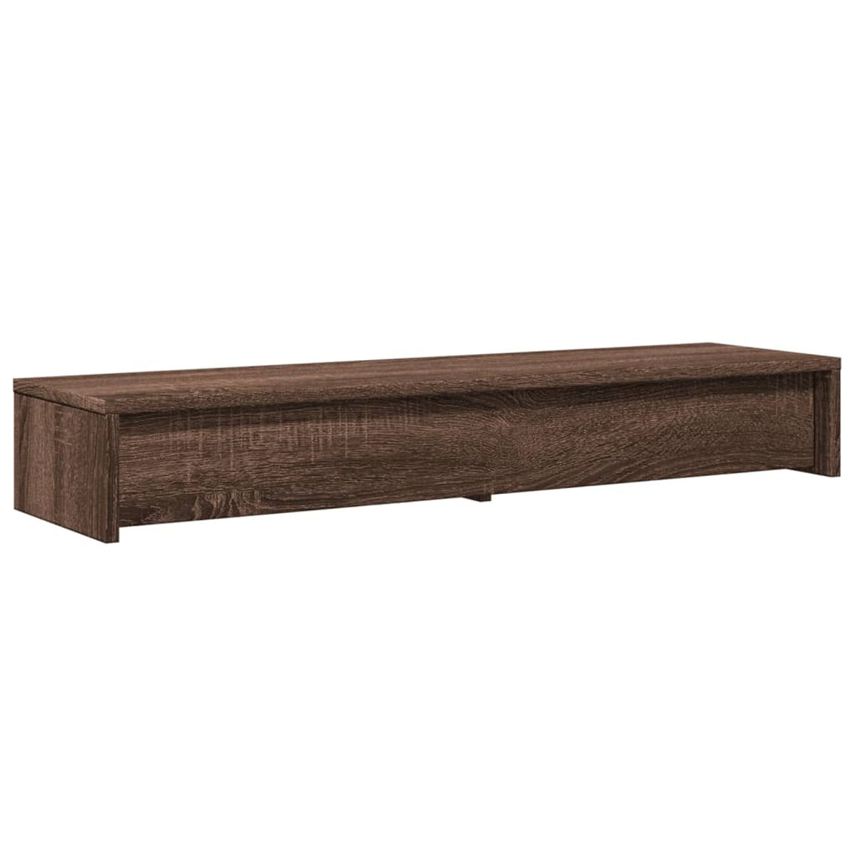 Ein langes, rechteckiges, braunes Holzregal. Es ist dunkel, holzmaserartig und scheint an der Wand befestigt zu sein.