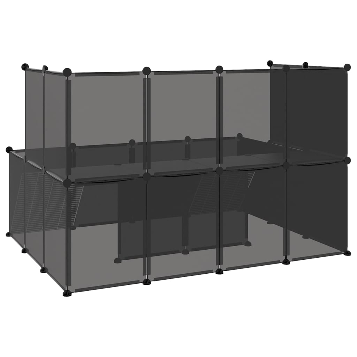 Ein dunkelgraues, modulares Aufbewahrungselement mit mehreren transparenten Paneelen, angeordnet in einer kubischen Struktur.