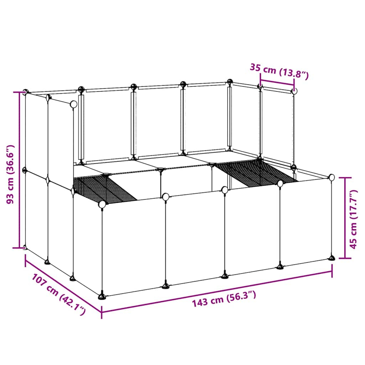 Eine weiße, modulare Aufbewahrungseinheit. Abmessungen sind beschriftet: 93 cm, 107 cm, 143 cm, 35 cm und 45 cm. Es hat ein gitterartiges Design.