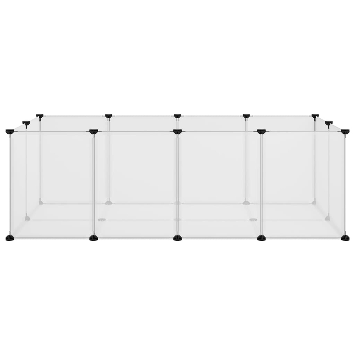 Ein weißer, modularer Laufstall, montiert. Er hat graue Stützen und schwarze Verbinder. Der Hintergrund ist weiß.