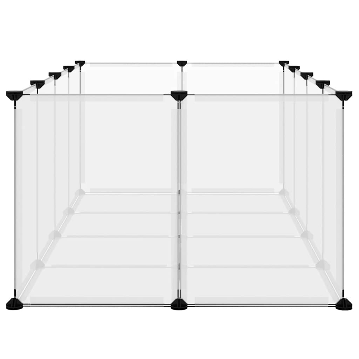 Ein weißer, transparenter Laufstall mit schwarzen Verbindern. Der Laufstall ist rechteckig mit mehreren Paneelen und einem schlichten Design.