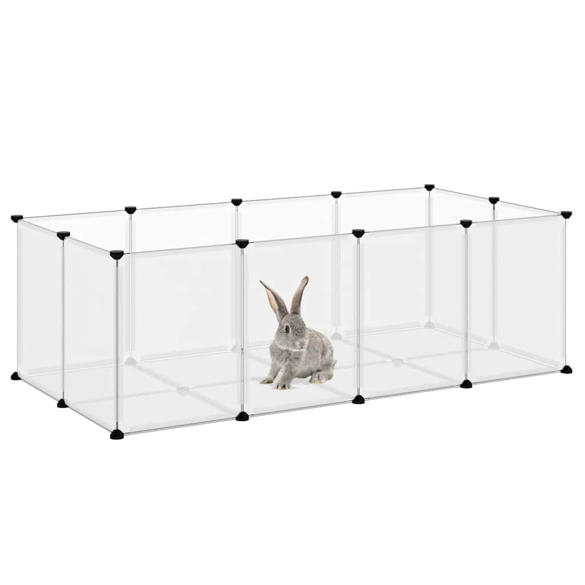 Ein graues Kaninchen sitzt in einem rechteckigen, transparenten Gehege mit schwarzen Verbindern. Der Hintergrund ist weiß.