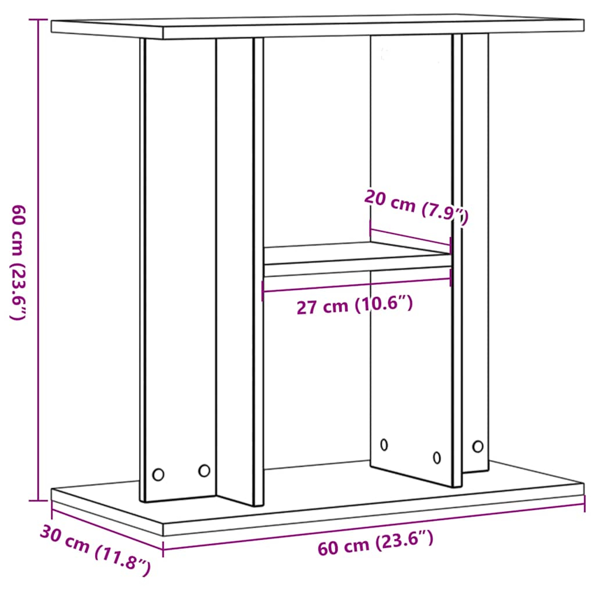 Eine schematische Zeichnung eines Holztisches mit in Zentimetern und Zoll beschrifteten Abmessungen.