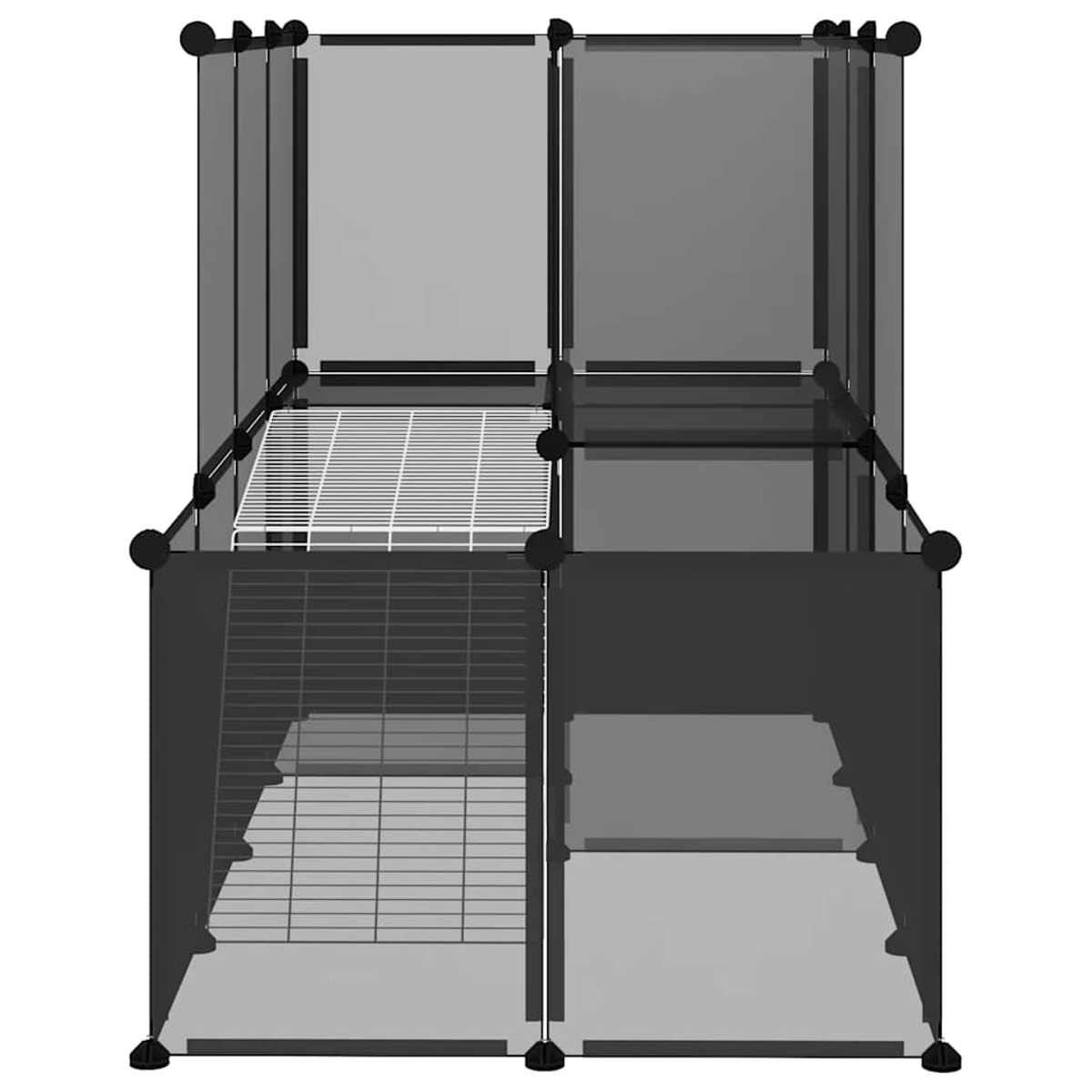Ein modulares Haustiergehege mit schwarzem Rahmen und grauen Paneelen. Verfügt über ein Drahtregal und mehrere Ebenen.
