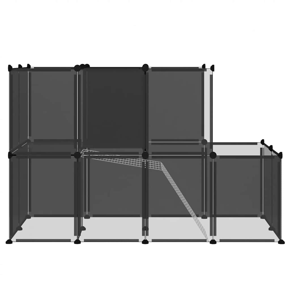 Ein modularer Haustierkäfig mit schwarzen Rahmen und grauen Paneelen. Eine weiße Rampe verbindet zwei Ebenen im Inneren.