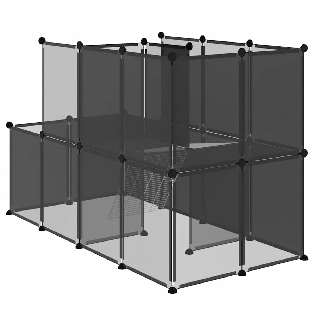 Ein modularer, dunkelgrauer Haustiergehege mit mehreren Fächern und einer Drahtgitterrampe. Die Struktur steht auf einer weißen Oberfläche.