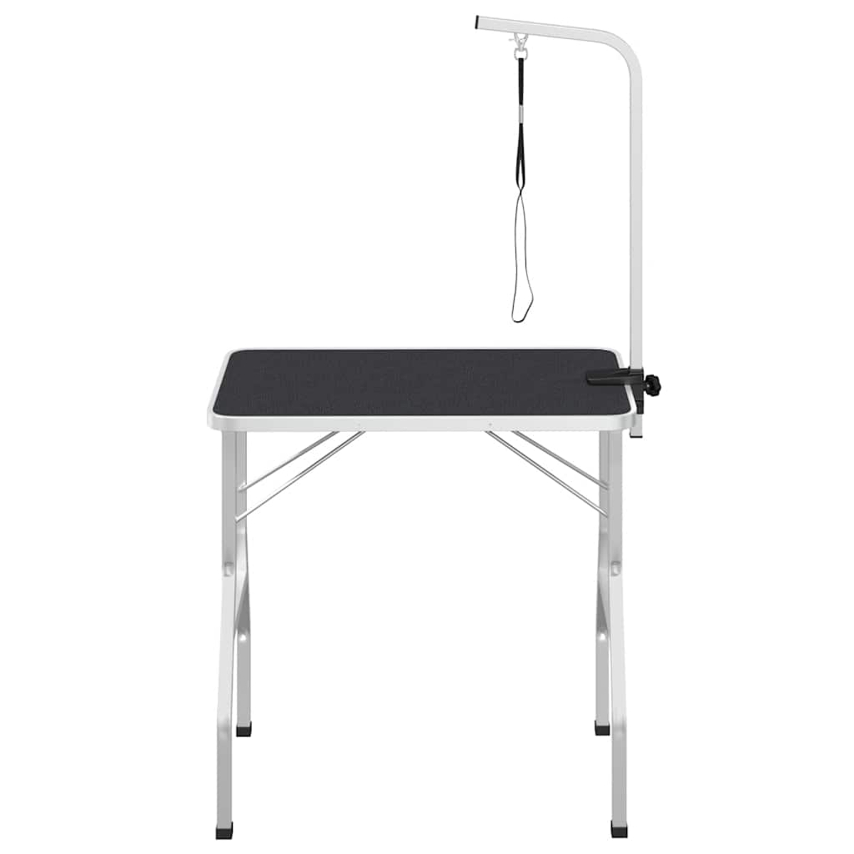Ein Pflegetisch mit schwarzer Oberfläche und Metallrahmen. Ein weißer Arm mit einer Leine hängt über dem Tisch.