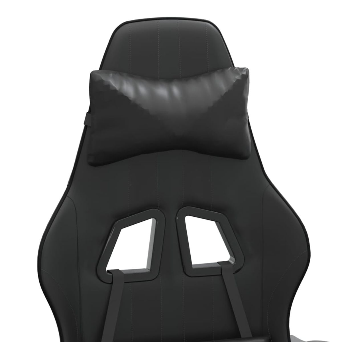 Nahaufnahme eines schwarzen Gaming-Stuhls. Er hat ein Kopfkissen und eine Rückenlehne mit zwei Öffnungen. Der Stuhl steht vor weißem Hintergrund.