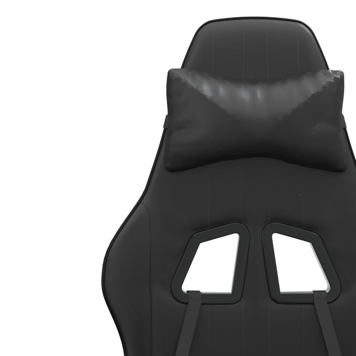 Nahaufnahme eines schwarzen Gaming-Stuhls. Er hat ein Kopfkissen und zwei Belüftungslöcher. Der Hintergrund ist weiß.