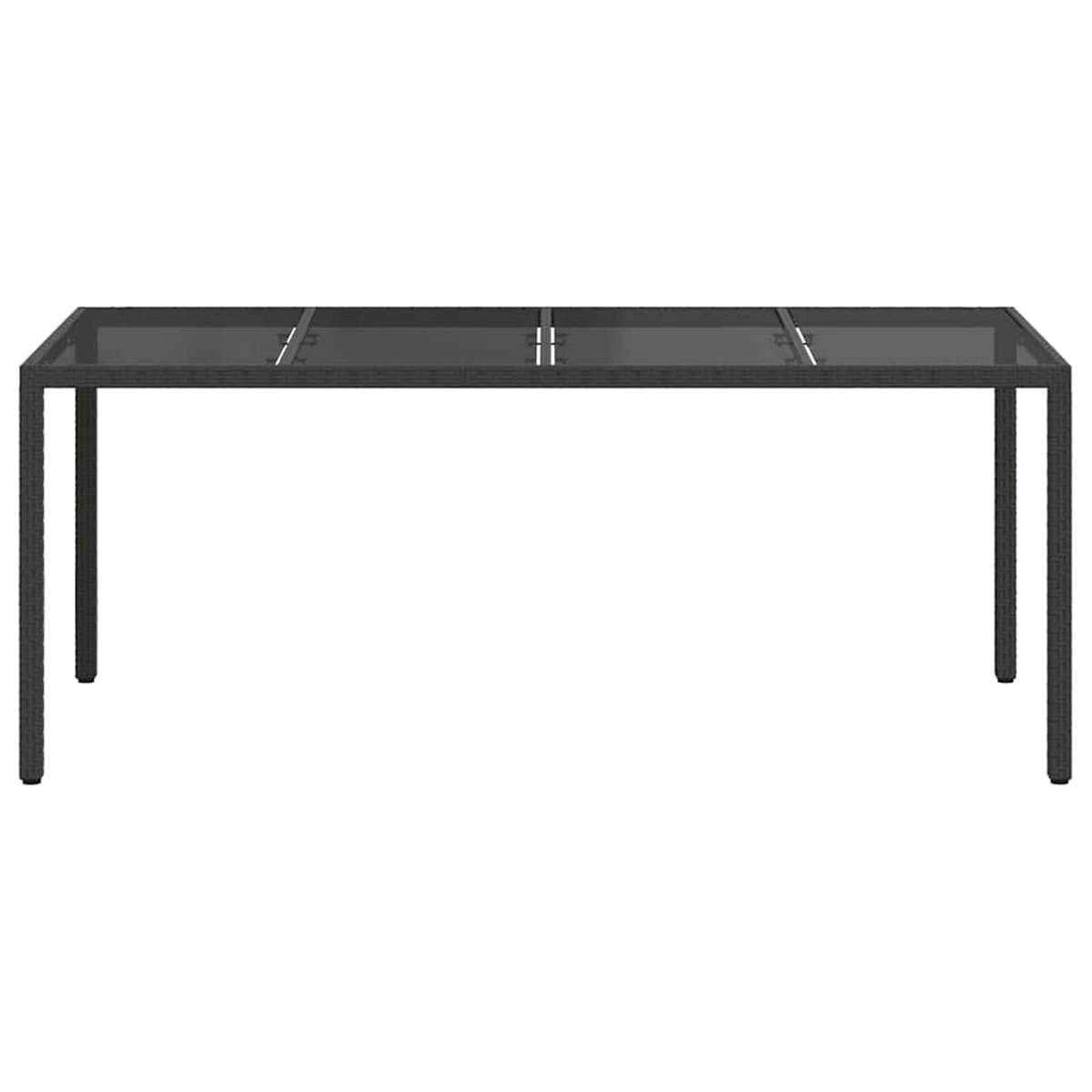 Ein rechteckiger, dunkelgrauer Gartentisch mit Glasplatte und vier Beinen. Der Tisch ist leer und vor weißem Hintergrund isoliert.