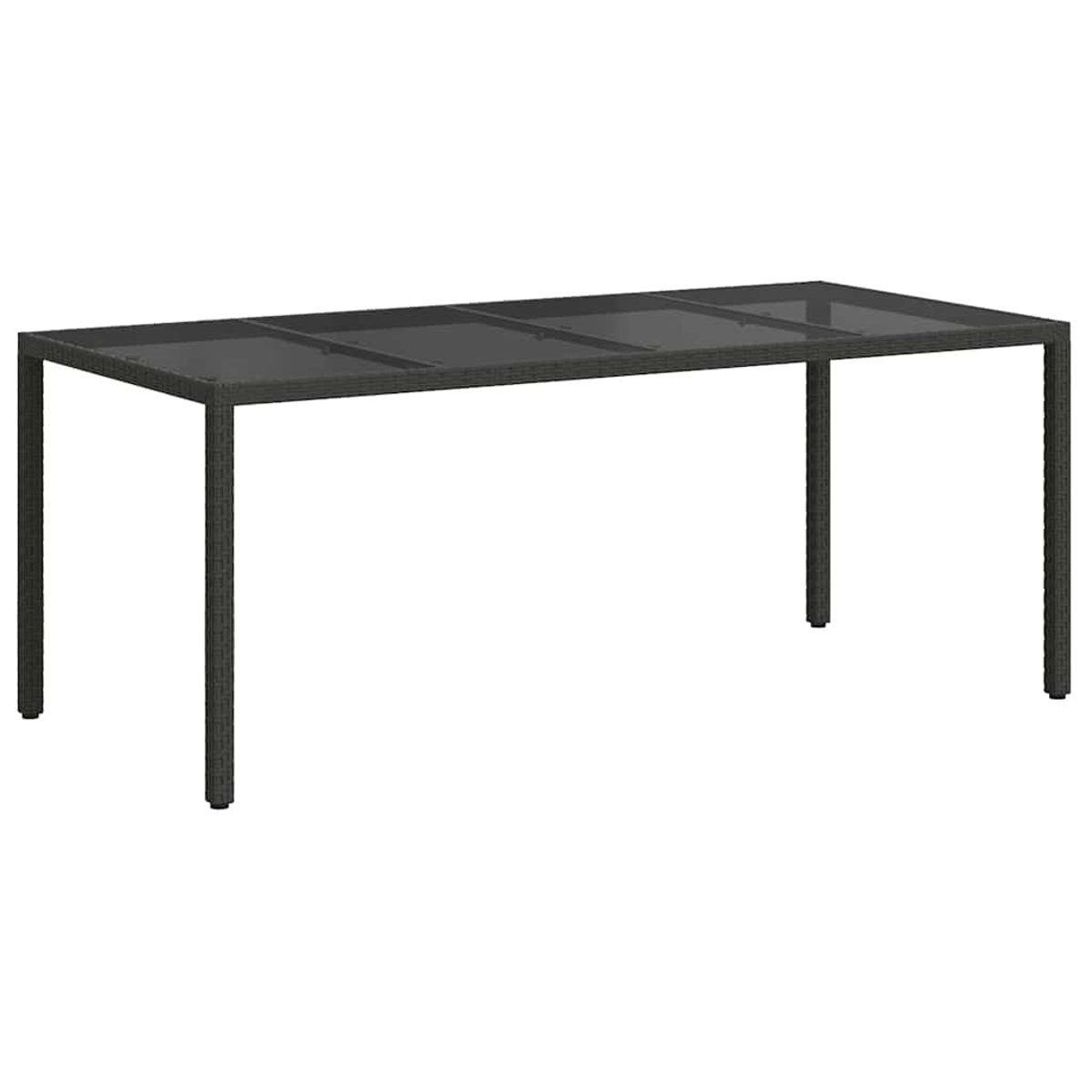Ein rechteckiger Outdoor-Tisch mit dunkler Glasplatte und dunkelgrauen Beinen. Der Tisch ist leer und vor weißem Hintergrund.