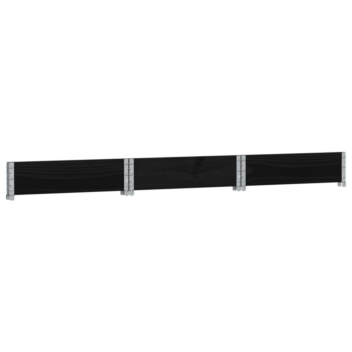 Un lungo pannello di legno nero con cerniere argentate. Il pannello è montato su sfondo bianco. La venatura del legno è visibile.