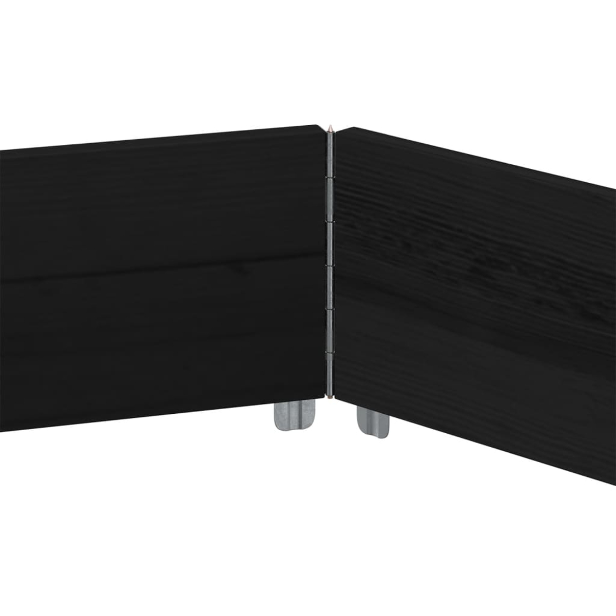 Due pannelli di legno neri uniti da una cerniera metallica. I pannelli sono su sfondo bianco. Piedi metallici sostengono i pannelli.