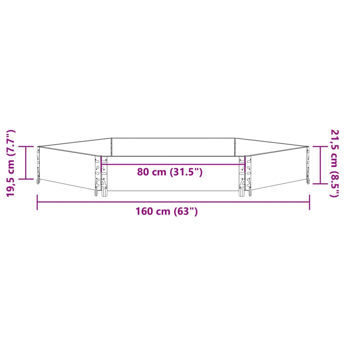 Diagramma di una fioriera esagonale. Dimensioni indicate: larghezza 160 cm (63"), lunghezza 80 cm (31,5"), altezza 19,5 cm (7,7") e 21,5 cm (8,5").