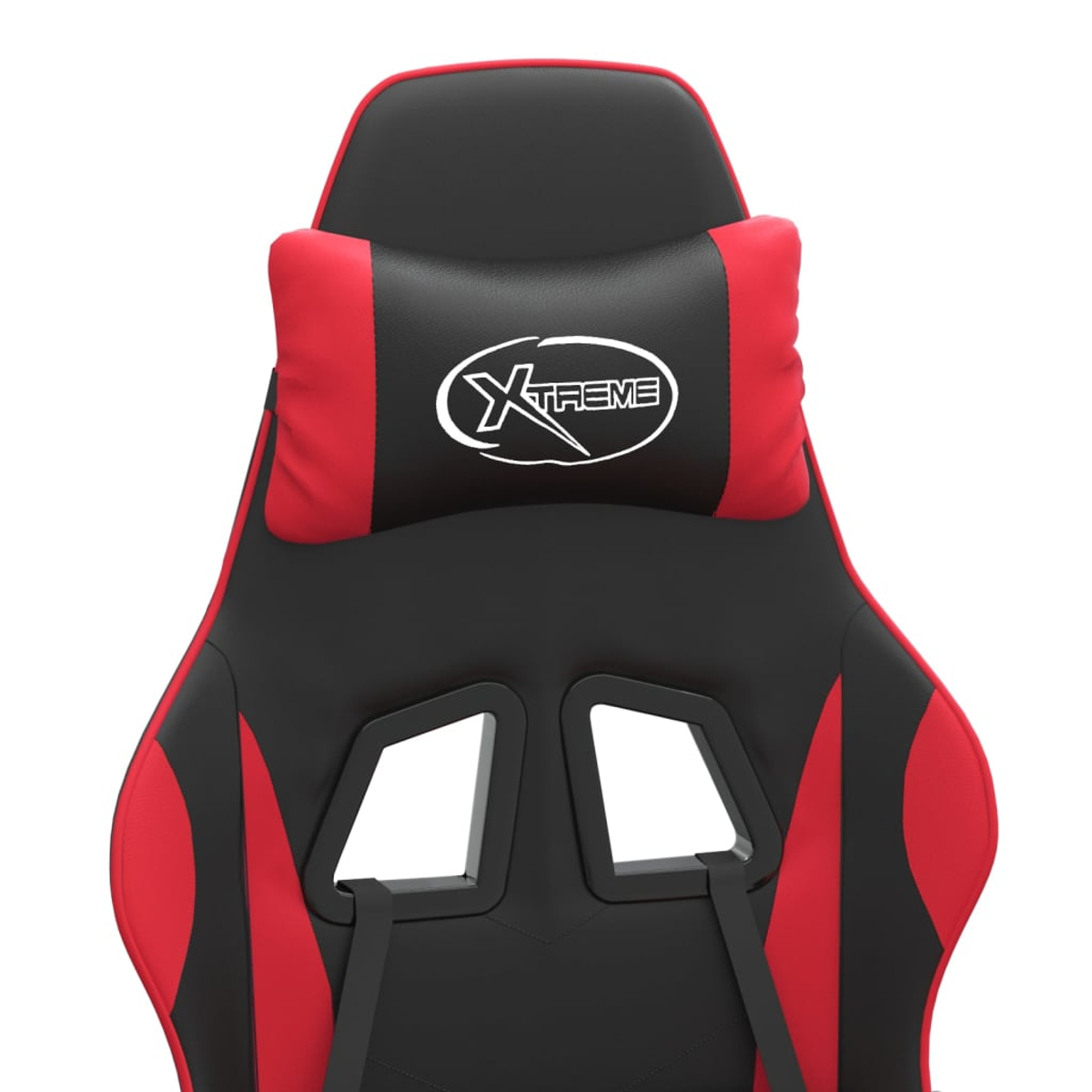 Ein Gaming-Stuhl mit schwarzem und rotem Design. Er hat eine Kopfstütze mit dem Wort "Xtreme" und einen schwarzen Sitz mit roten Akzenten.