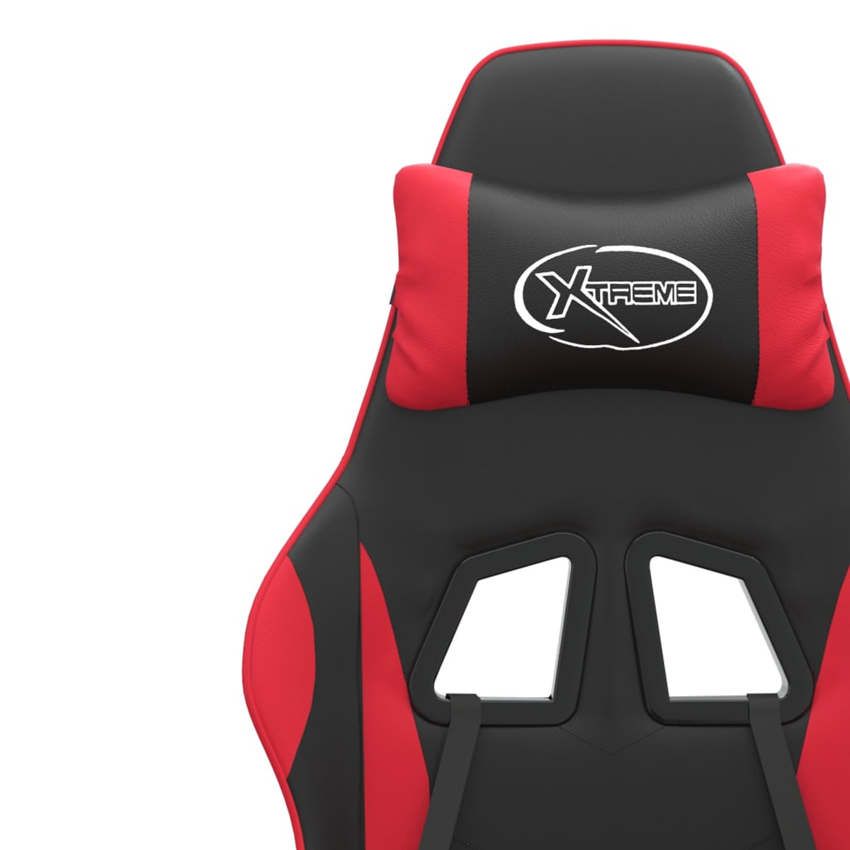 Ein Gaming-Stuhl mit schwarzem und rotem Design. Er verfügt über eine Kopfstütze mit dem Wort 'Xtreme' und eine schwarze Rückseite mit weißen Ausschnitten.