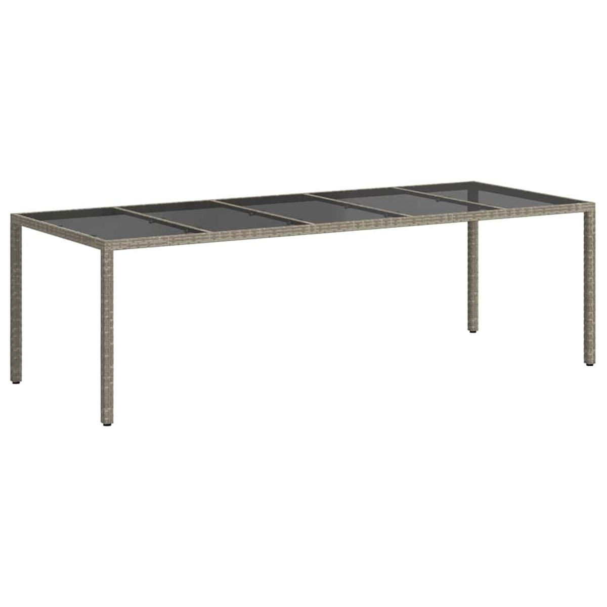 Ein rechteckiger Gartentisch mit Glasplatte und einem Rahmen im Korbstil. Der Tisch hat sechs Glasplatten und vier Beine.