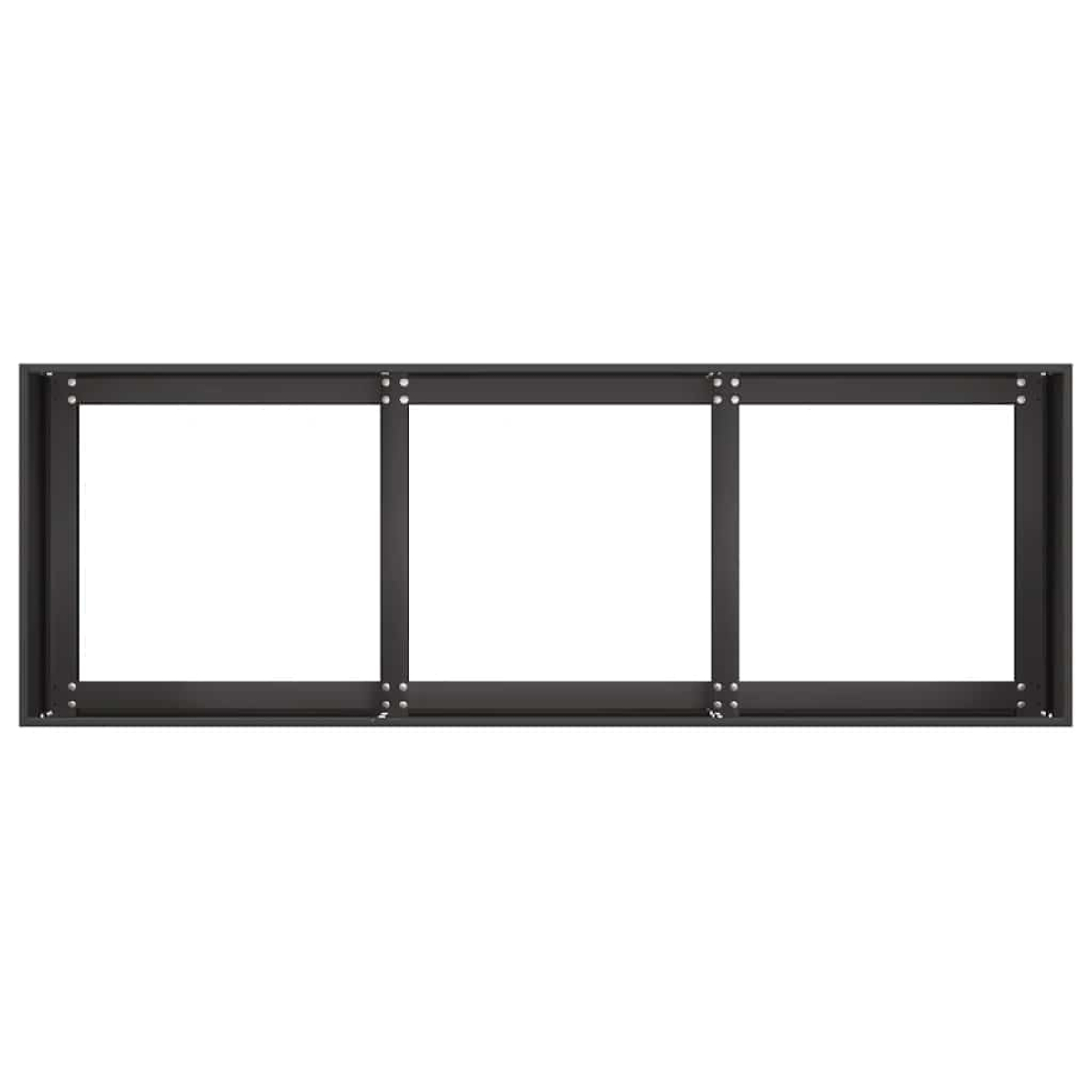 Una cornice rettangolare in metallo nero con tre quadrati aperti di uguali dimensioni. Lo sfondo è bianco.